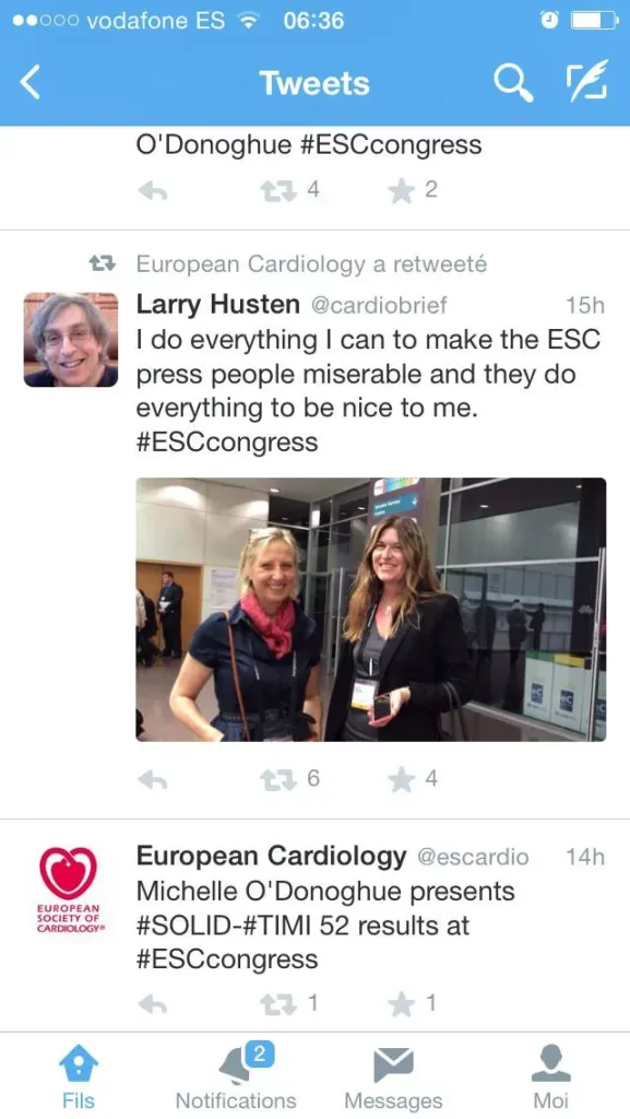 tweet de larry husten illustrant mon travail au service presse de l'esc a plusieurs congres de cardiologie