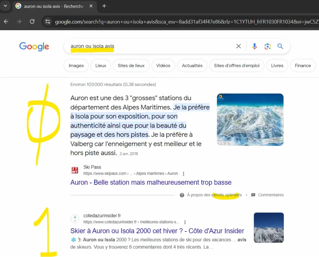 imprim ecran montrant que wild side communications a atteint la position 1 sur google avec son article repertoriant les stations de ski de la cote d'azur