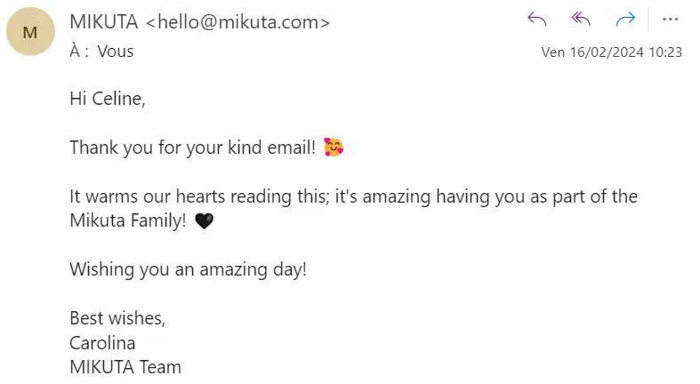 reponse de mikuta shop a mon email leur envoyant l'article 