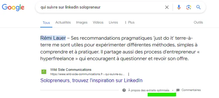 imprim ecran de mon article solopreneurs trouvez l'inspiration sur linkedin en position zero ou extrait optimise sur google