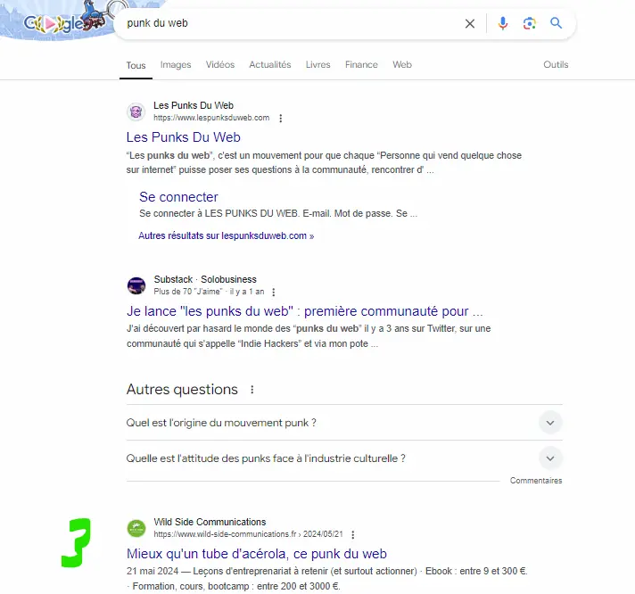 serp montrant que wild side communications s'est positionne en position 3 grace a cet article sur thibault louis