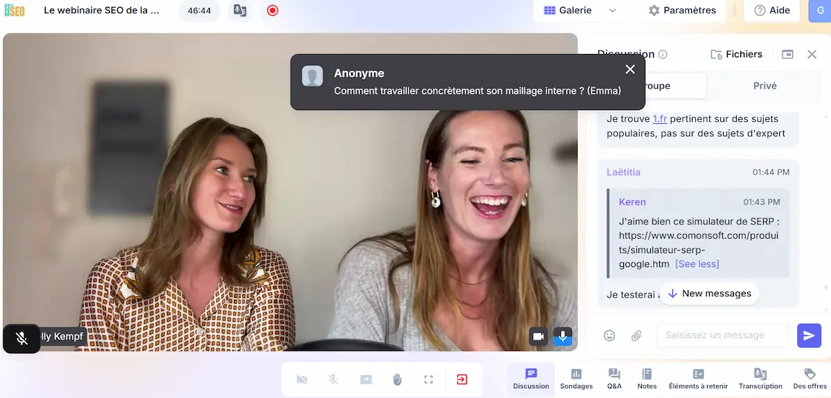 screen montrant nelly kempf et camille dufossey lors du live du 18 septembre ou elles ont animé un questions reponses sur le SEO