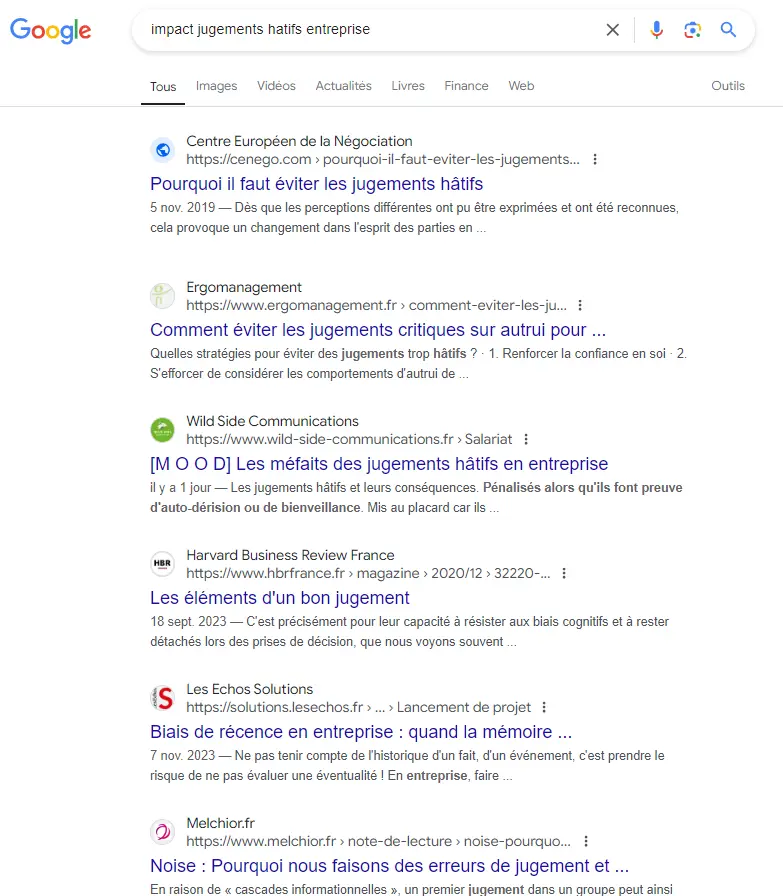 screen google montrant le classement en haut de la page de resultat google de l'article sur les jugements hatifs en entreprise