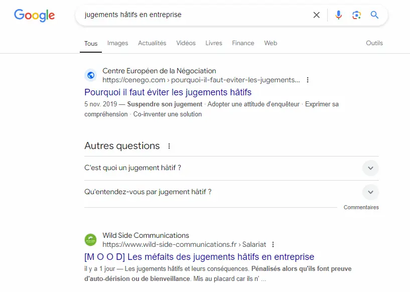 screen montrant le classement de cet article sur google. cet article porte les adjectifs designant les salaries pendant leur carrière et les jugements hatifs portes sur leur personnalite s'ils ne rentrent pas parfaitement dans le moule.