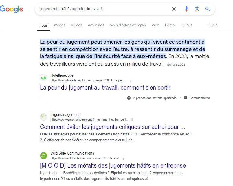 screen montrant le classement de l'article mefaits des jugements hatifs dans le monde du travail