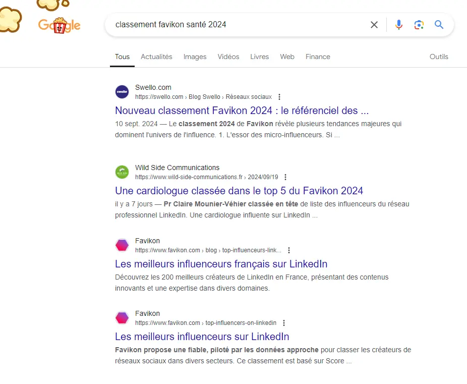 screen montrant le classement de cet article sur dr mounier dans la serp de google sur l'intention de recherche "classement favikon santé 2024"