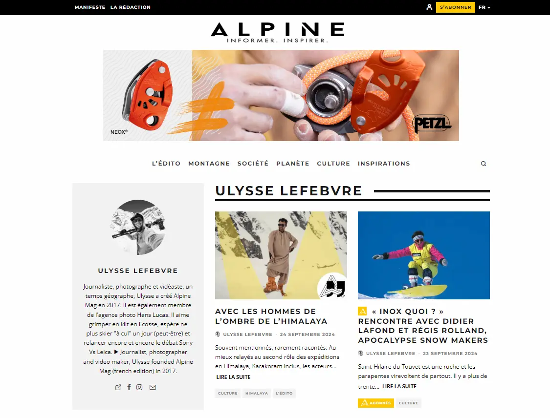 screen de la page du journaliste et photographe ulysse lefebvre, fondateur du site web alpine mag qui se qualifie de media de reference d'information et d'inspiration sur la montagne