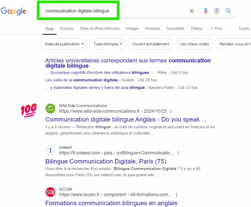 screen montrant que wild side communications s'est classé à la 1ère place de google sur l'intention de recherche communication digitale bilingue