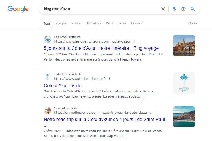 screen montrant cote d'azur insider en position 2 sur la serp 1 de google avec l'intention de recherche "blog cote d'azur"