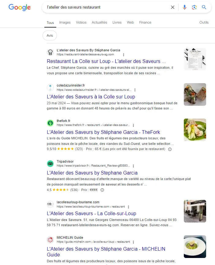 screen montrant l'intention de recherche "atelier des saveurs restaurant" en position 2 sur la serp de google