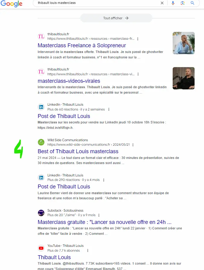 screen de la position 4 de l'intention de recherche "thibault louis masterclass" sur la serp 1 de google obtenue en optimisant cet article