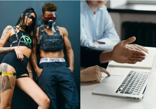 montage photo mettant en opposition un couple de punks d'un cote et une reunion dans un bureau autour dun mac de l'autre pour illustrer l'article punk du web resumant quelques conseils d'une masterclass de thibault louis destinee a des entrepreneurs du web